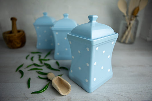 Light Sky Blue and White Polka Dot Pottery Handmade Hand Painted Large Ceramic Kitchen Storage Jar Set Canister Set - Same Size Jars