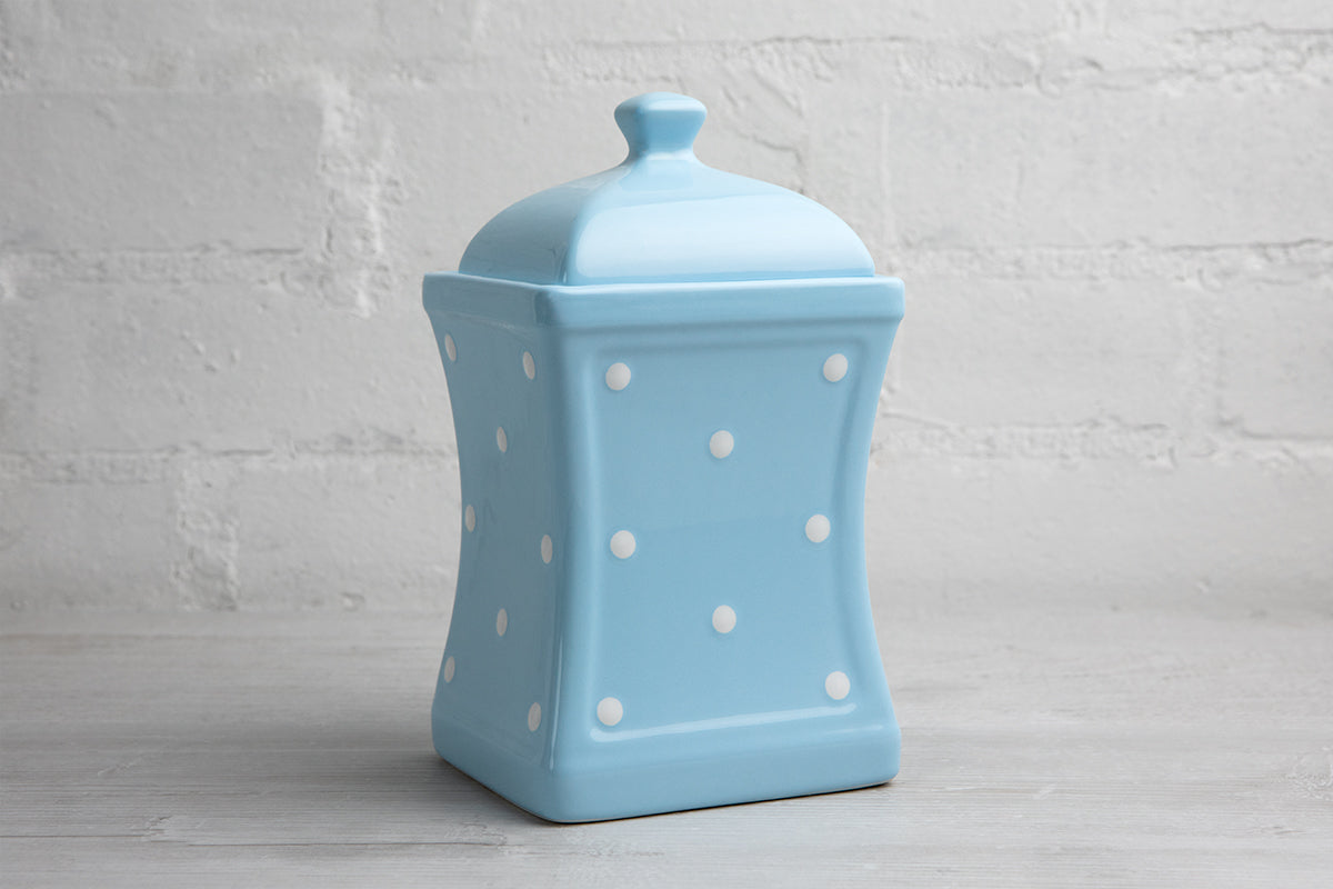 Light Sky Blue and White Polka Dot Pottery Handmade Hand Painted Large Ceramic Kitchen Storage Jar Set Canister Set - Same Size Jars