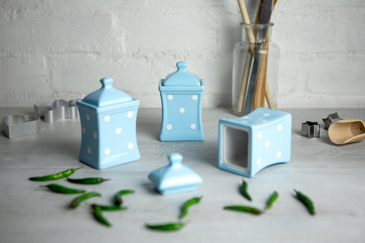 Light Sky Blue and White Polka Dot Pottery Handmade Hand Painted Small Ceramic Kitchen Herb Spice Jars Canister Set - Same Size Jars
