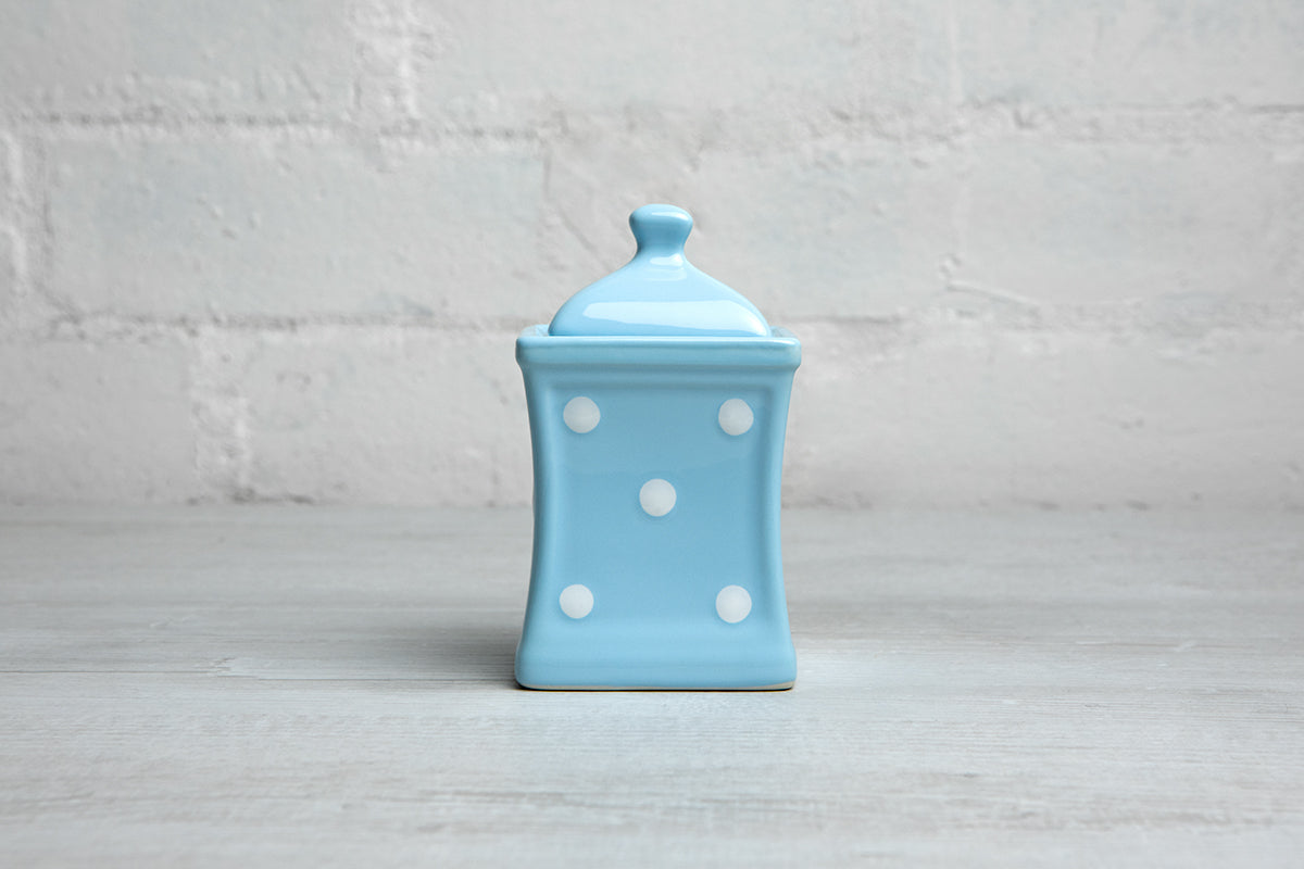 Light Sky Blue and White Polka Dot Pottery Handmade Hand Painted Small Ceramic Kitchen Herb Spice Jars Canister Set - Same Size Jars