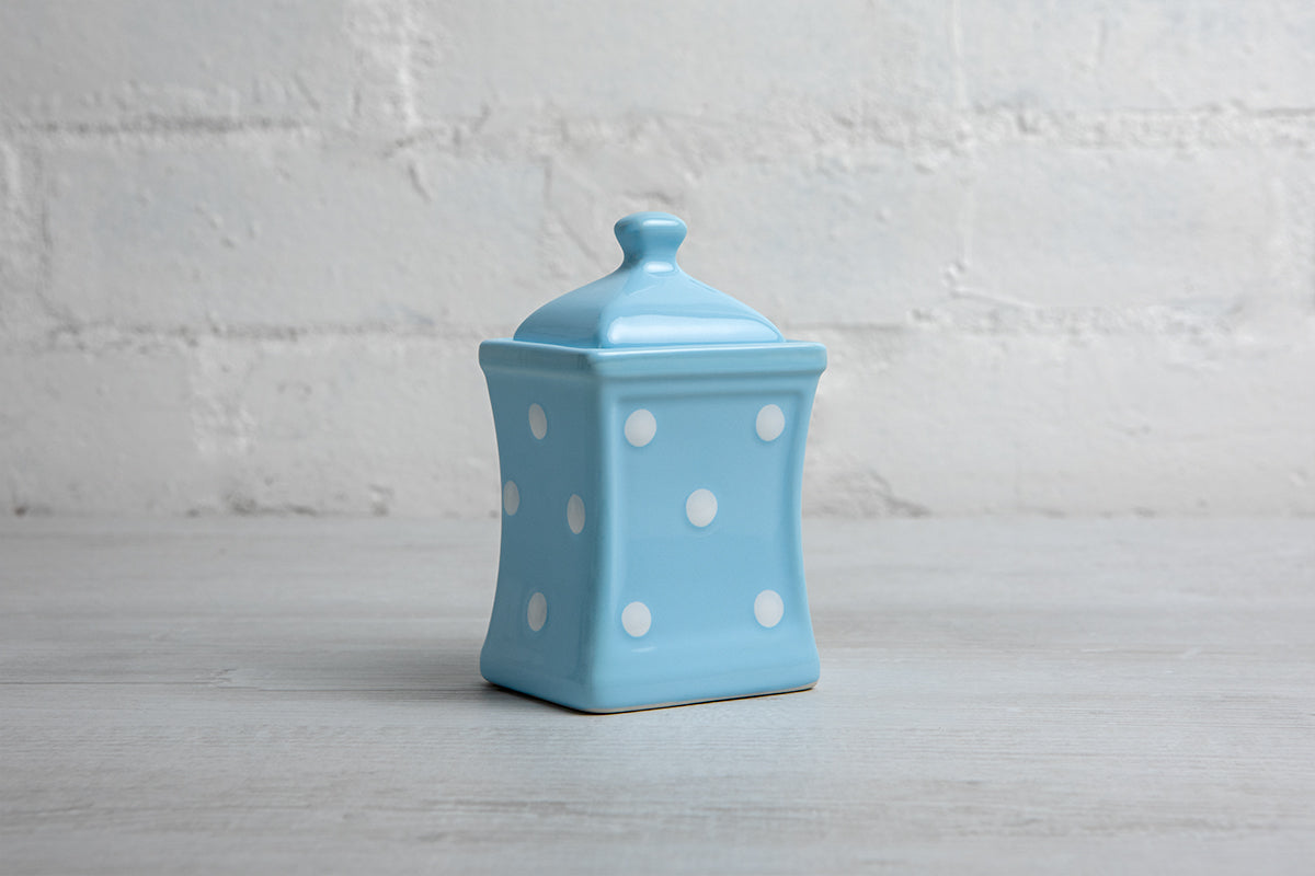 Light Sky Blue and White Polka Dot Pottery Handmade Hand Painted Small Ceramic Kitchen Herb Spice Jars Canister Set - Same Size Jars