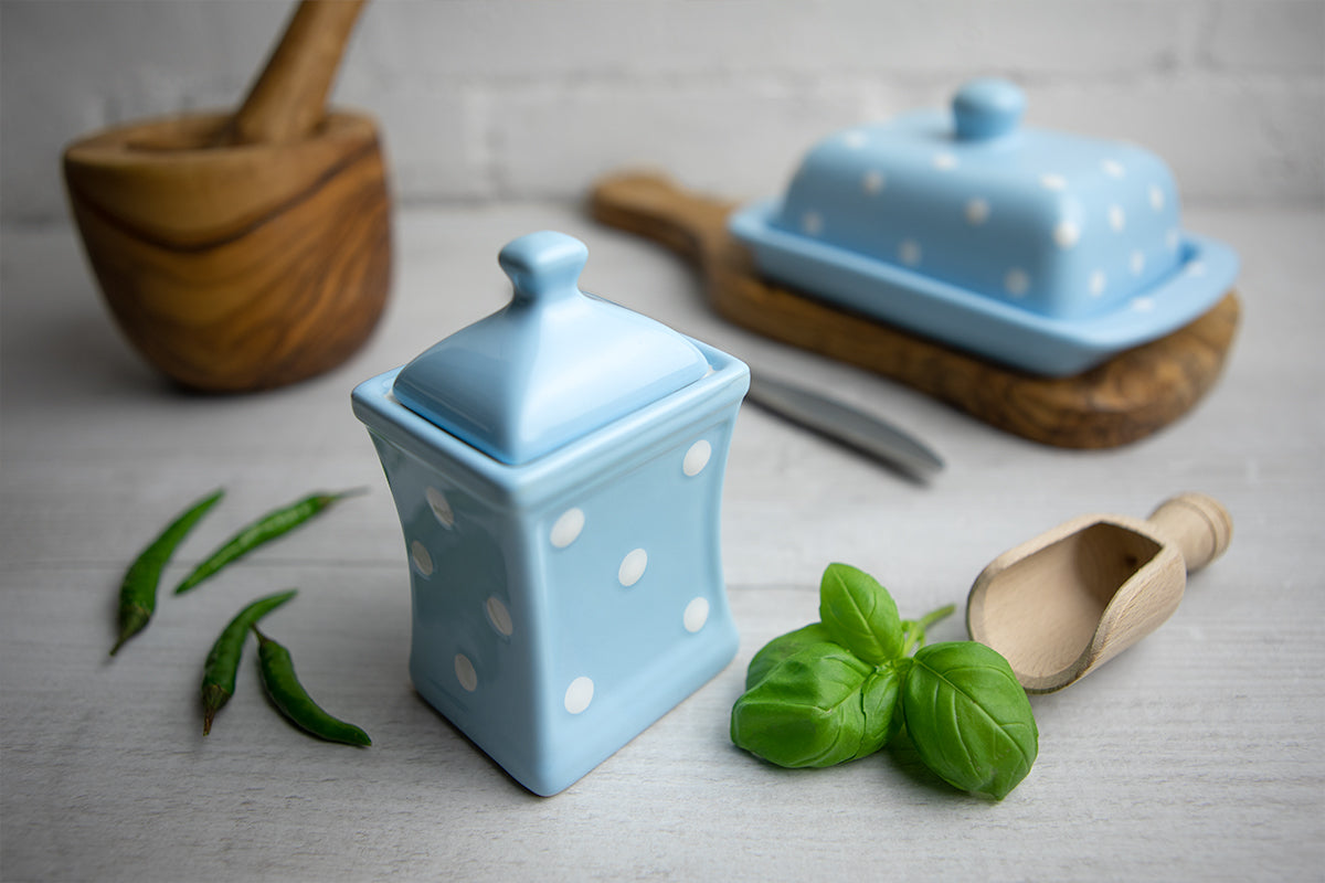 Light Sky Blue and White Polka Dot Pottery Handmade Hand Painted Small Ceramic Kitchen Herb Spice Jars Canister Set - Same Size Jars