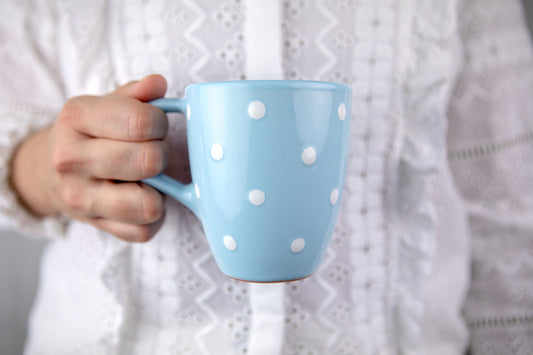 Light Sky Blue And White Polka Dot Spotty Designer Handmade Hand Painted Unique Ceramic 10oz-300ml Coffee Tea Mug with Large Handle