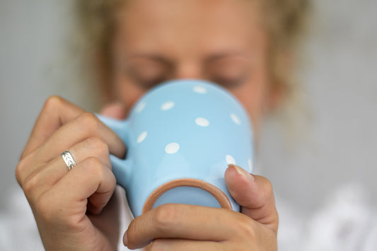 Light Sky Blue And White Polka Dot Spotty Designer Handmade Hand Painted Unique Ceramic 10oz-300ml Coffee Tea Mug with Large Handle