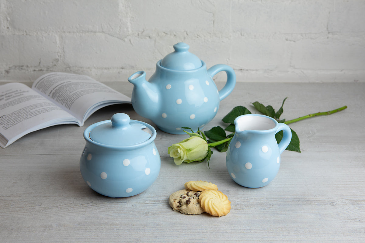 Light Sky Blue and White Polka Dot Pottery Handmade Hand Painted Ceramic Teapot Milk Jug Sugar Bowl Set