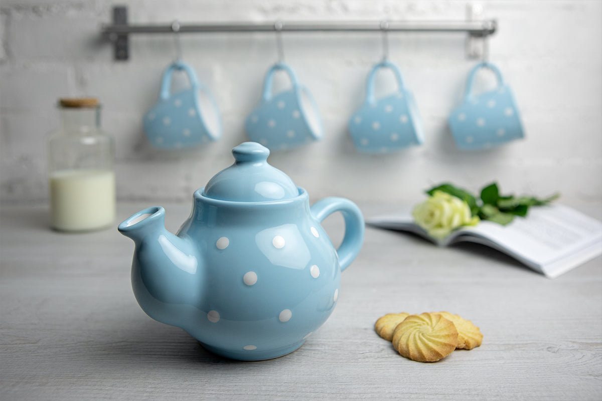 Light Sky Blue and White Polka Dot Pottery Handmade Hand Painted Ceramic 2-3 Cup Teapot 26 oz / 750ml
