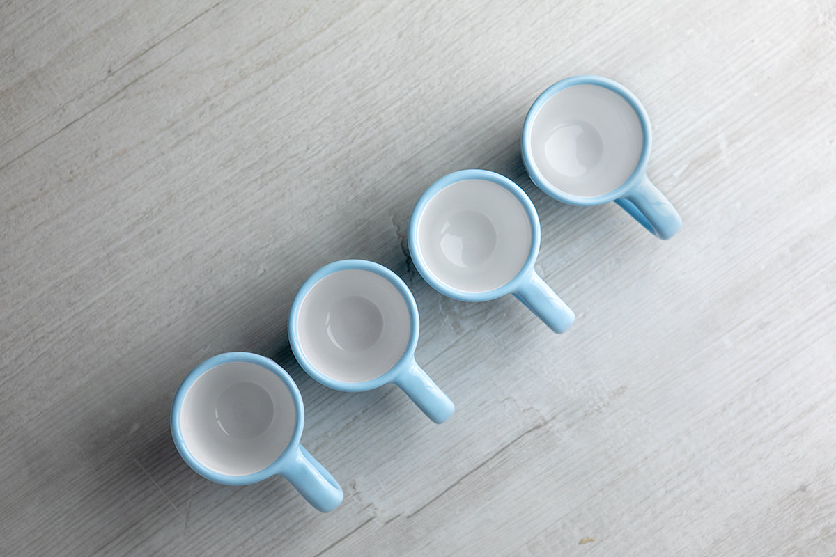 Light Sky Blue And White Polka Dot Spotty Designer Handmade Hand Painted Unique Ceramic 2oz-60ml Espresso Coffee Cup Set of 4