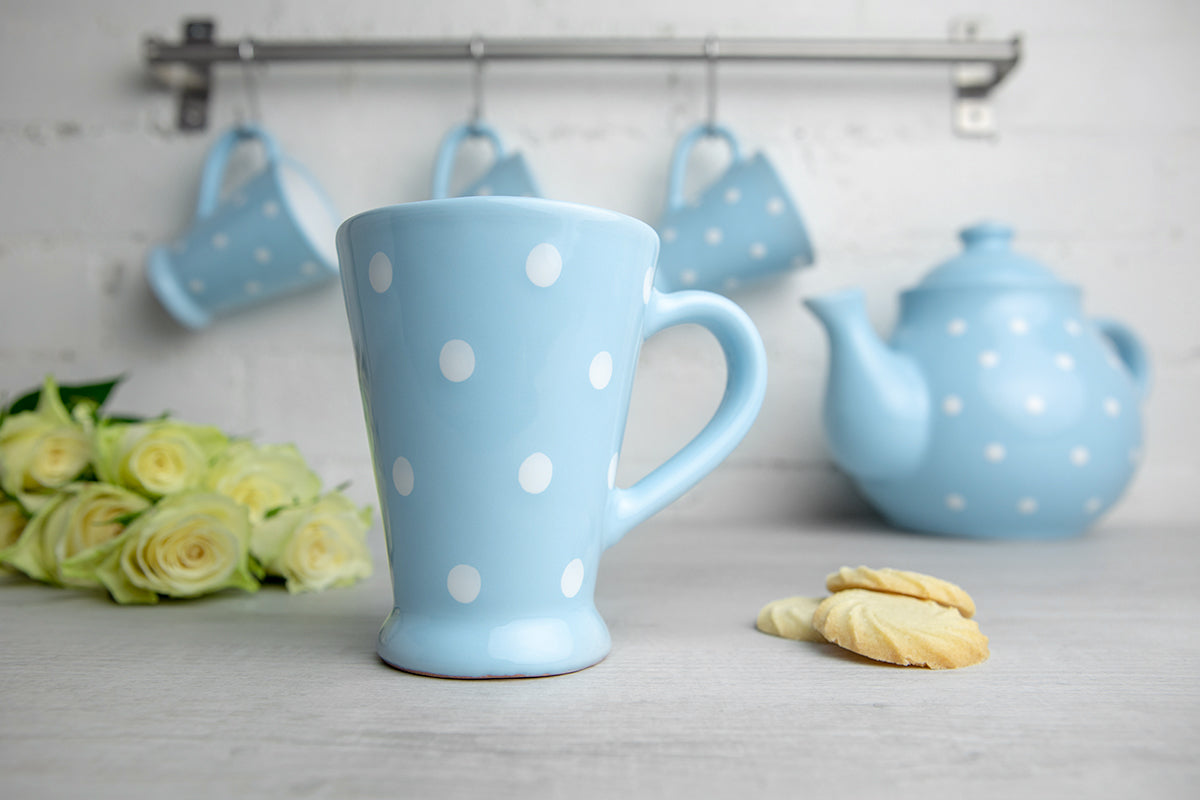 Light Sky Blue And White Polka Dot Spotty Handmade Hand Painted Ceramic Coffee Tea Latte Mug with Large Handle 8 oz - 220 ml
