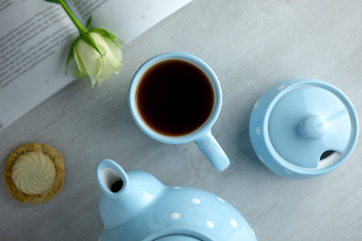 Light Sky Blue And White Polka Dot Spotty Handmade Hand Painted Ceramic Coffee Tea Latte Mug with Large Handle 8 oz - 220 ml