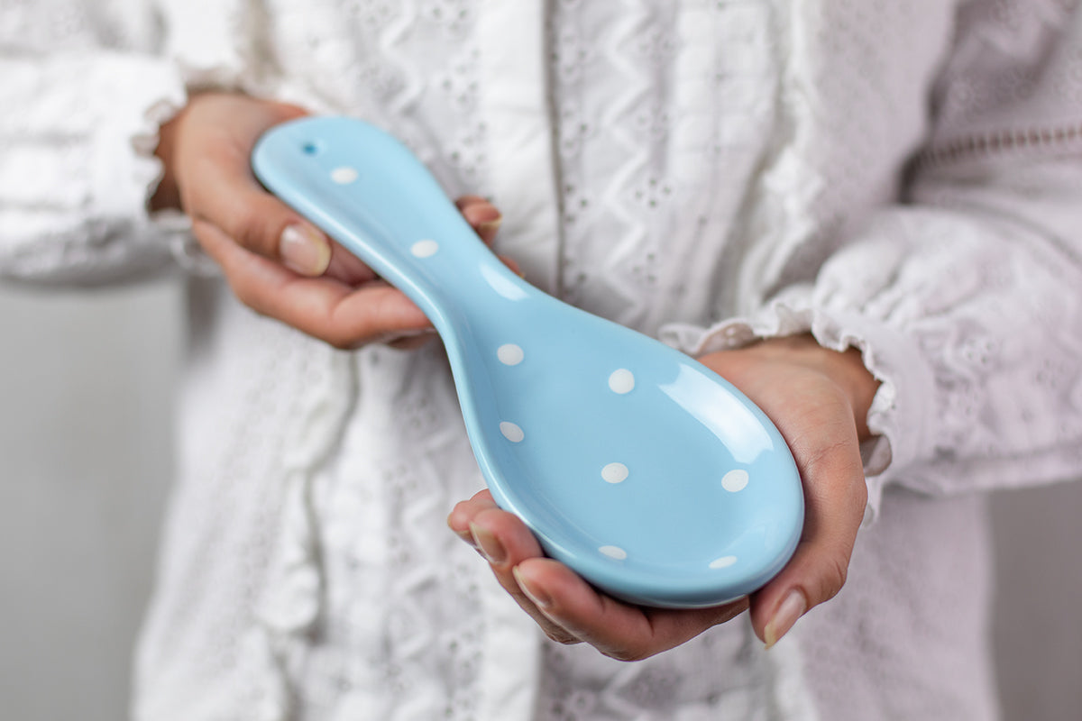 Light Sky Blue And White Polka Dot Spotty Handmade Hand Painted Ceramic Kitchen Cooking Spoon Rest