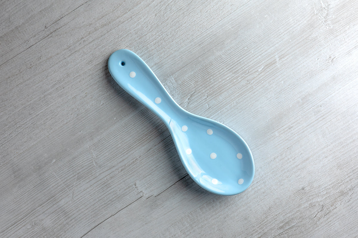 Light Sky Blue And White Polka Dot Spotty Handmade Hand Painted Ceramic Kitchen Cooking Spoon Rest