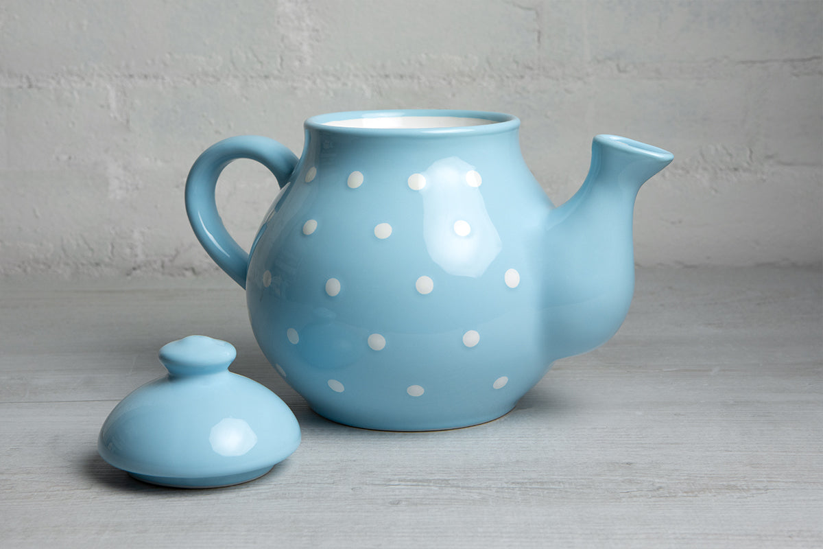Light Sky Blue And White Polka Dot Spotty Large Handmade Hand Painted Ceramic Teapot with Handle 60 oz / 1.7 l