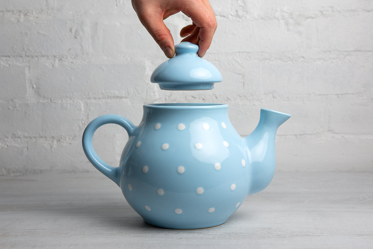 Light Sky Blue And White Polka Dot Spotty Large Handmade Hand Painted Ceramic Teapot with Handle 60 oz / 1.7 l