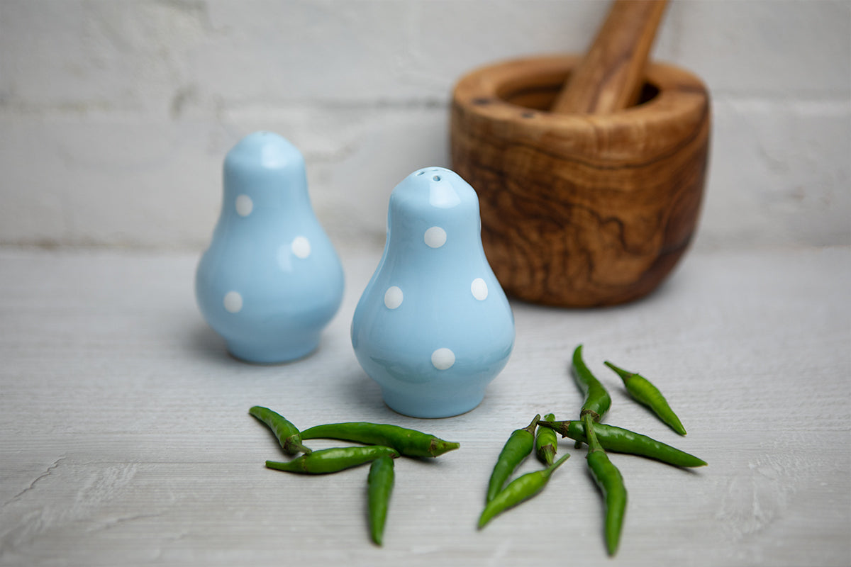 Light Sky Blue And White Polka Dot Spotty Handmade Hand Painted Ceramic Salt and Pepper Shaker Pot