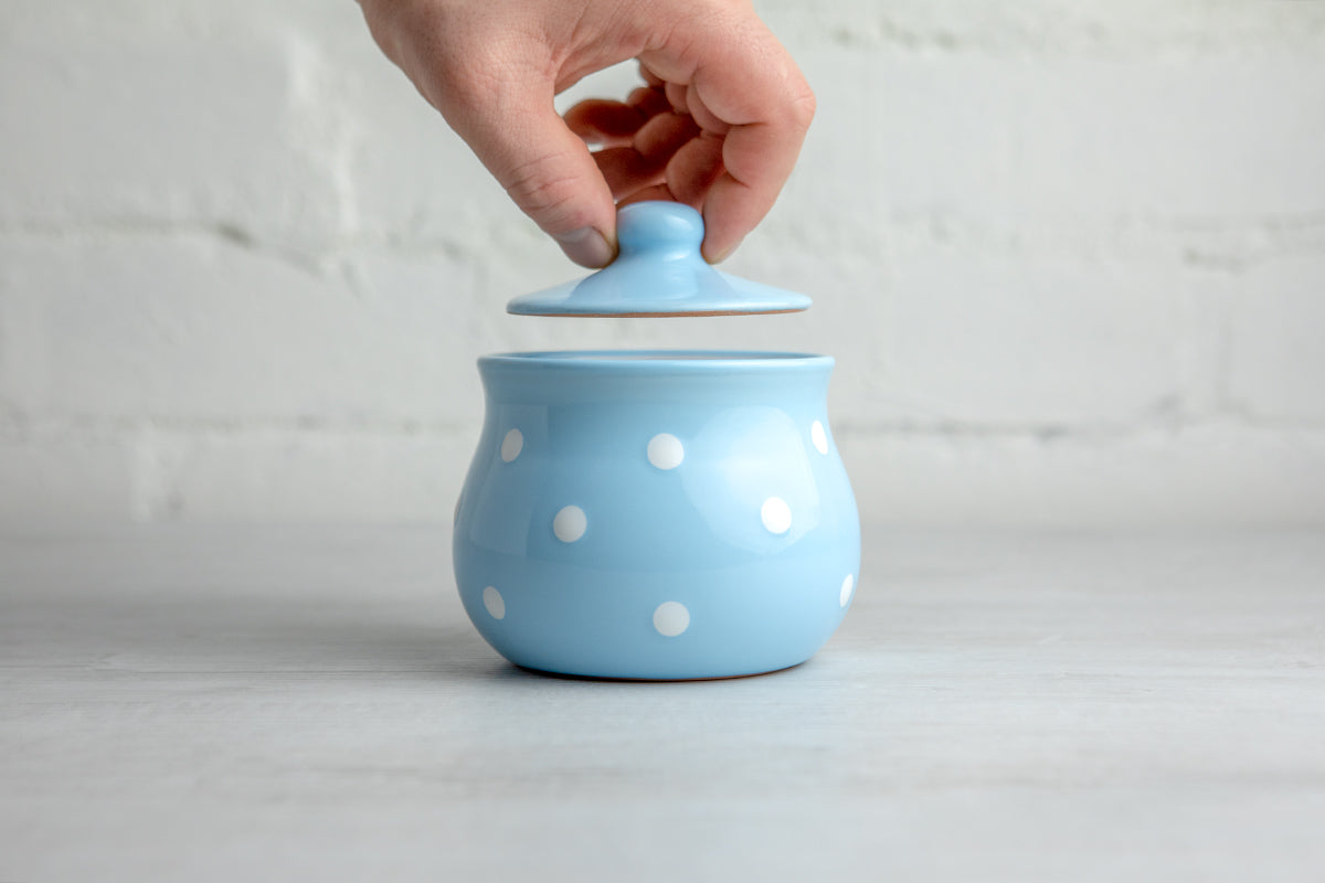 Light Sky Blue And White Polka Dot Spotty Handmade Hand Painted Ceramic Sugar Bowl With Lid