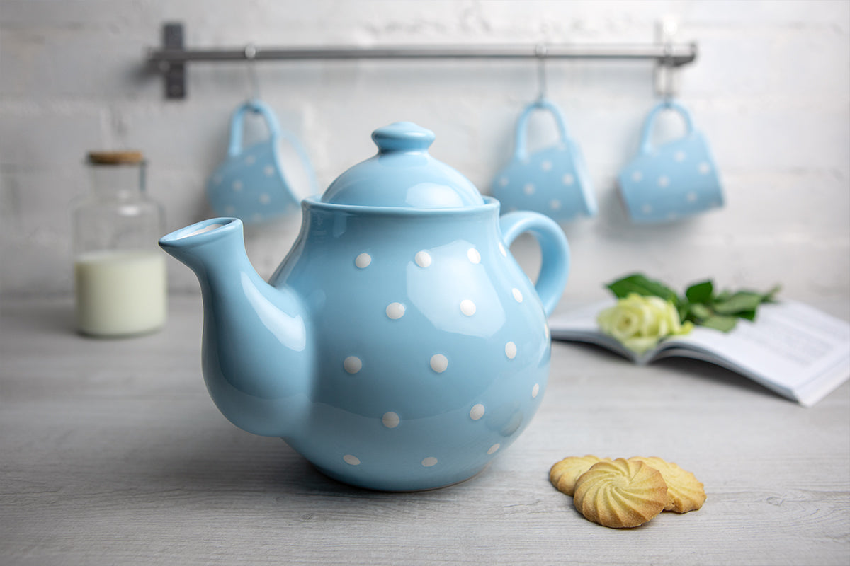 Light Sky Blue And White Polka Dot Spotty Handmade Hand Painted Ceramic Large Teapot Milk Jug Sugar Bowl Set With 4 Cups and Saucers