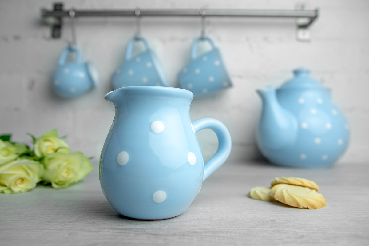 Light Sky Blue and White Polka Dot Pottery Handmade Hand Painted Ceramic Teapot Milk Jug Sugar Bowl Set With Two Cups and Saucers