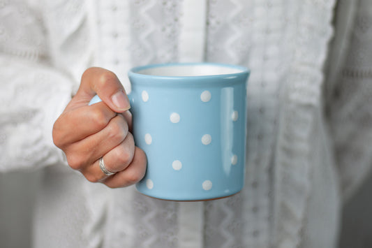 Light Sky Blue And White Polka Dot Spotty Handmade Hand Painted Ceramic Extra Large 17.5oz-500ml Hot Chocolate Coffee Tea Mug