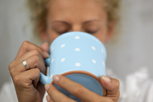 Light Sky Blue And White Polka Dot Spotty Handmade Hand Painted Ceramic Extra Large 17.5oz-500ml Hot Chocolate Coffee Tea Mug