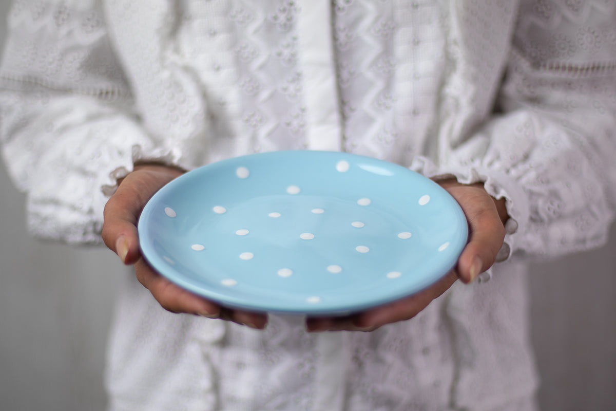 Light Sky Blue And White Polka Dot Spotty Handmade Hand Painted Glazed Ceramic Side Dessert Plate