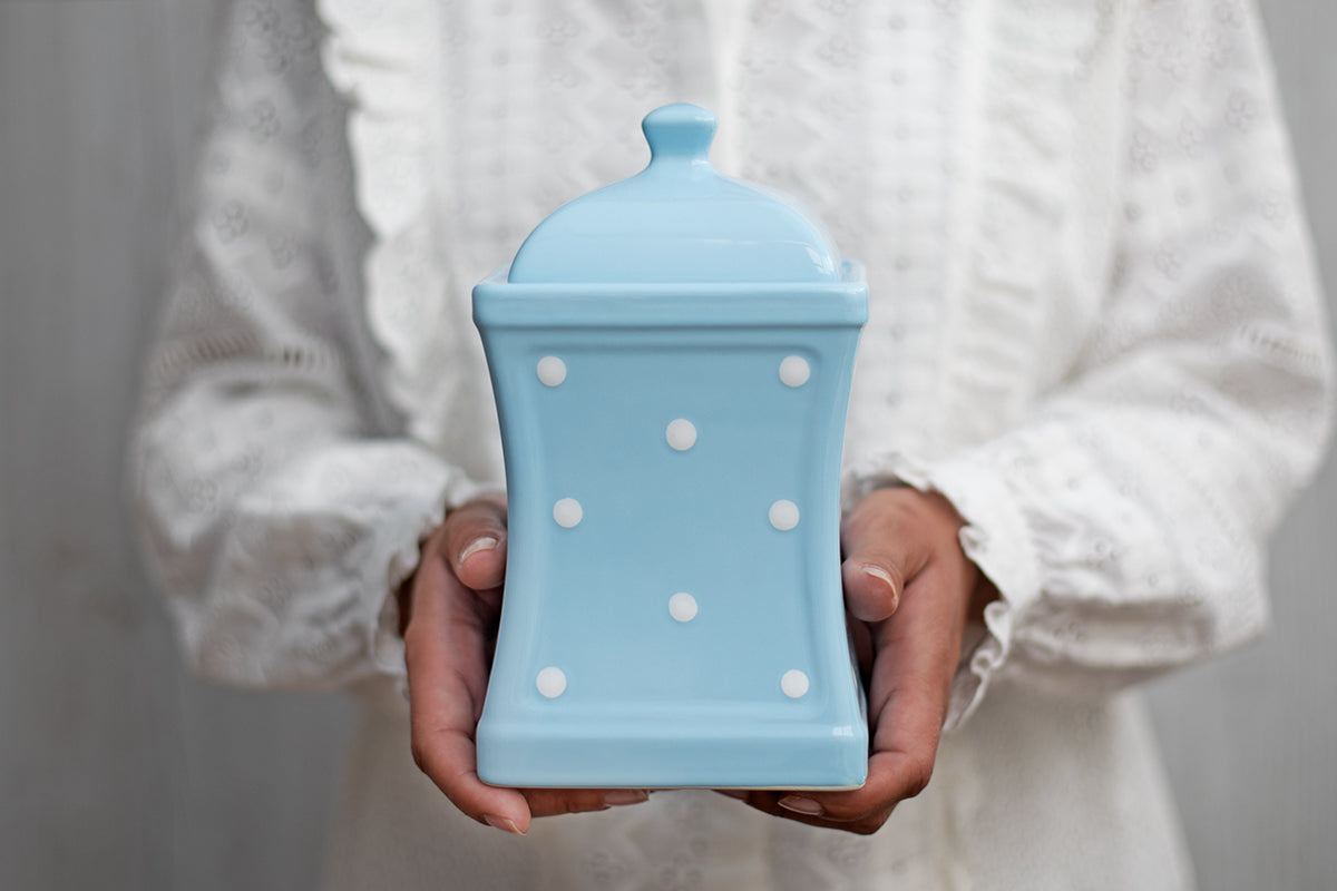 Light Sky Blue And White Polka Dot Spotty Handmade Hand Painted Large Ceramic Kitchen Storage Jar