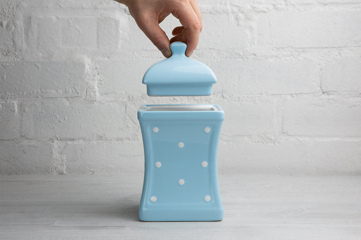 Light Sky Blue And White Polka Dot Spotty Handmade Hand Painted Large Ceramic Kitchen Storage Jar