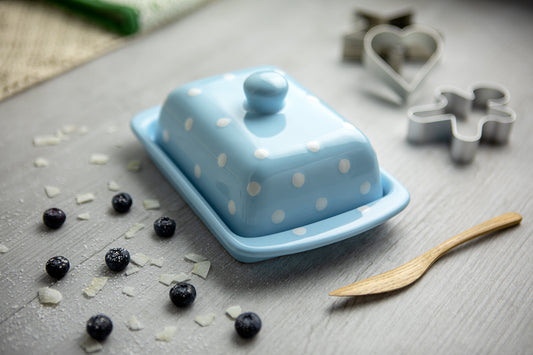 Light Sky Blue And White Polka Dot Spotty Handmade Hand Painted Ceramic Butter Dish With Lid