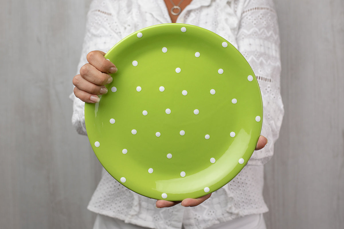 Lime Green And White Polka Dot Spotty Handmade Hand Painted Glazed Ceramic Flat Dinner Plate