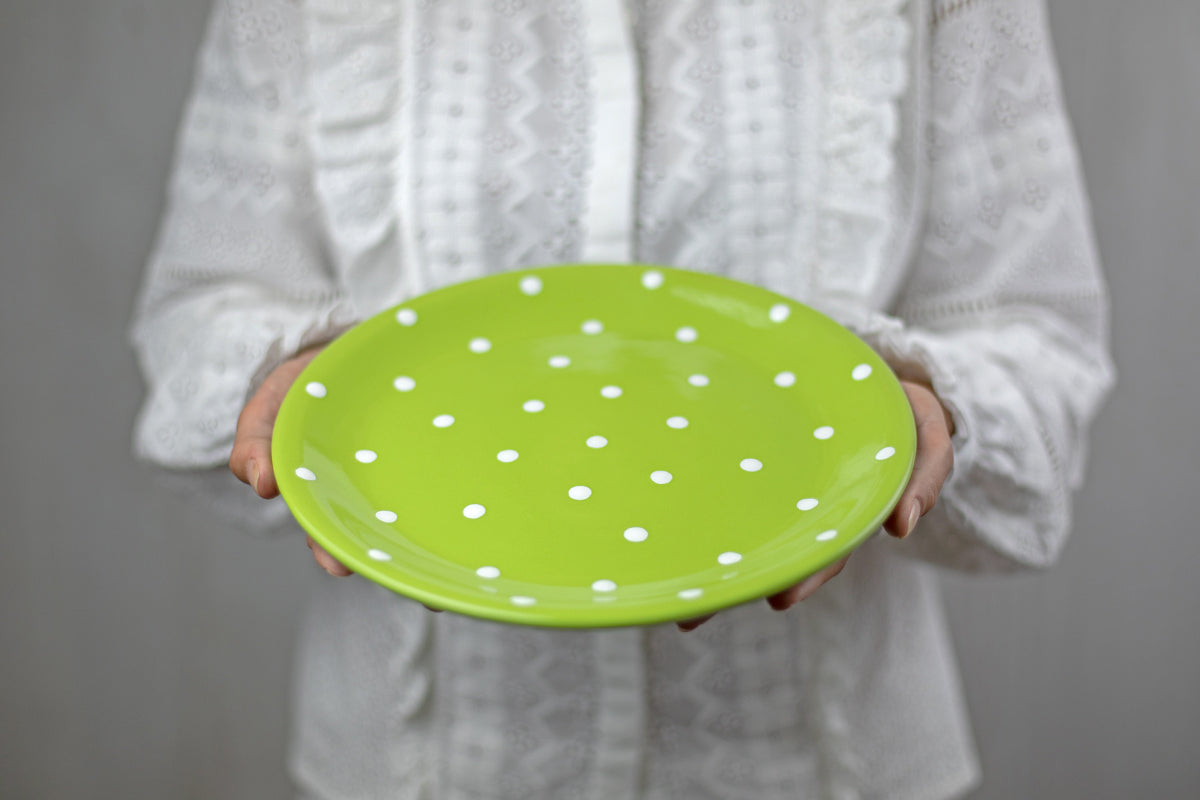 Lime Green And White Polka Dot Spotty Handmade Hand Painted Glazed Ceramic Flat Dinner Plate