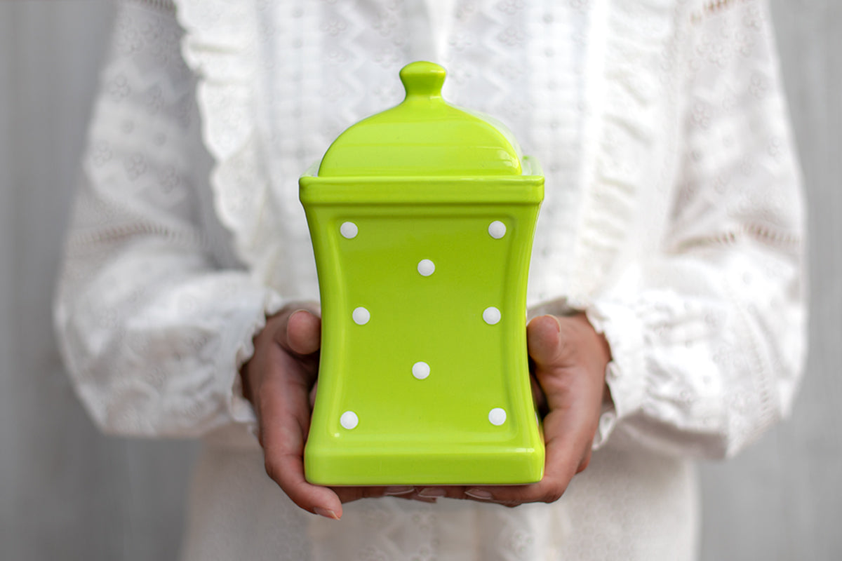 Lime Green and White Polka Dot Pottery Handmade Hand Painted Large Ceramic Kitchen Storage Jar Set Canister Set - Same Size Jars