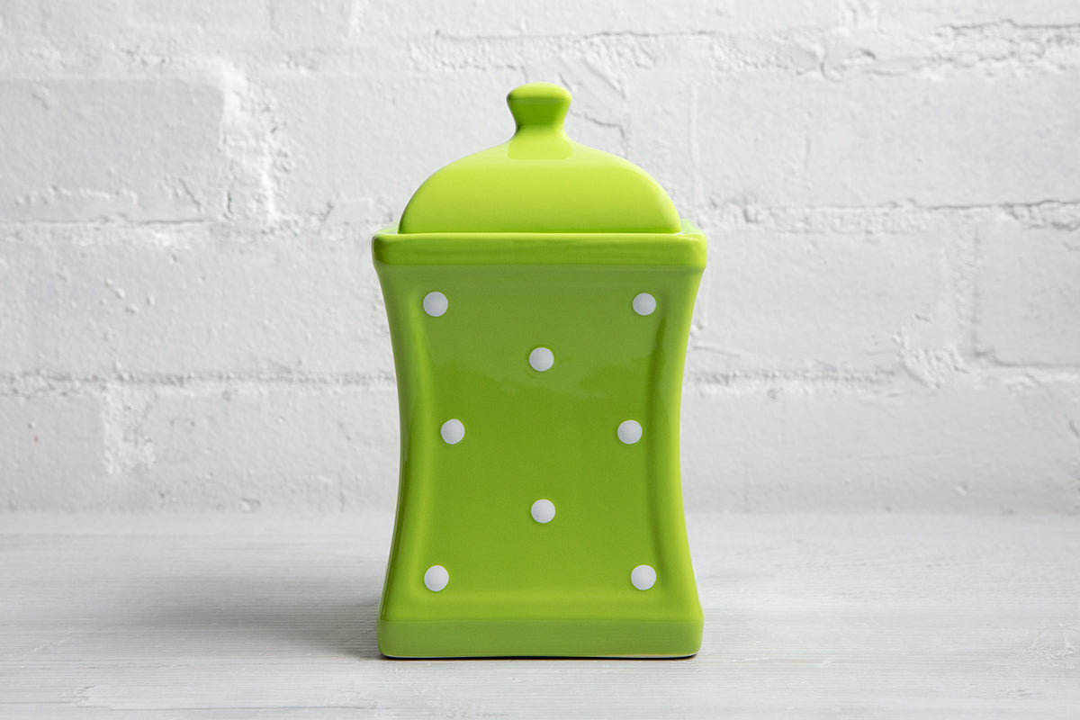 Lime Green and White Polka Dot Pottery Handmade Hand Painted Large Ceramic Kitchen Storage Jar Set Canister Set - Same Size Jars