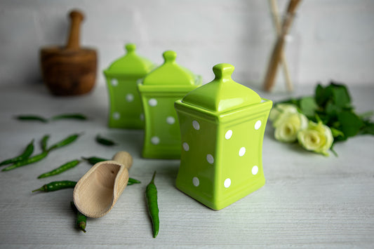 Lime Green and White Polka Dot Pottery Handmade Hand Painted Small Ceramic Kitchen Herb Spice Jars Canister Set - Same Size Jars