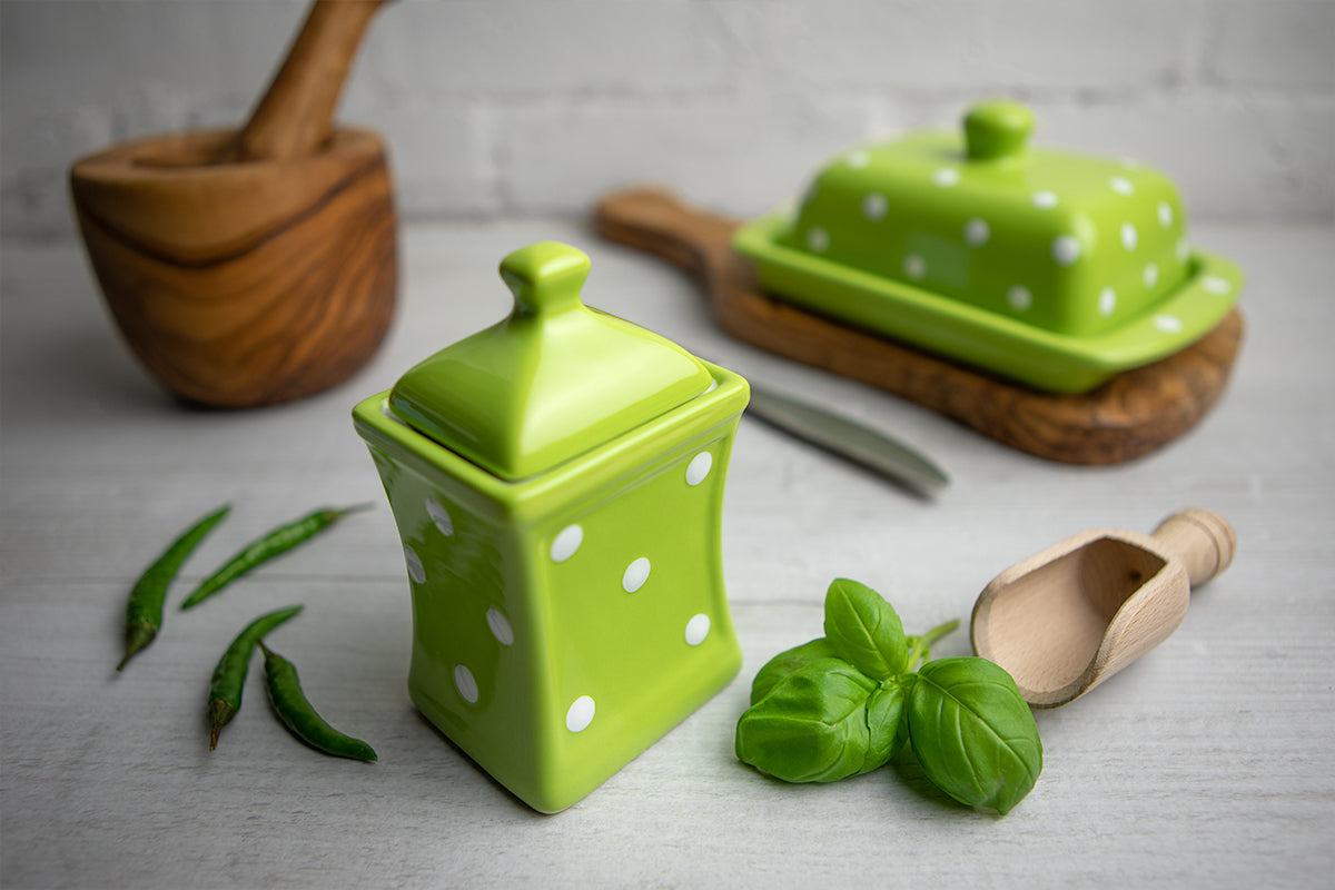 Lime Green and White Polka Dot Pottery Handmade Hand Painted Small Ceramic Kitchen Herb Spice Jars Canister Set - Same Size Jars