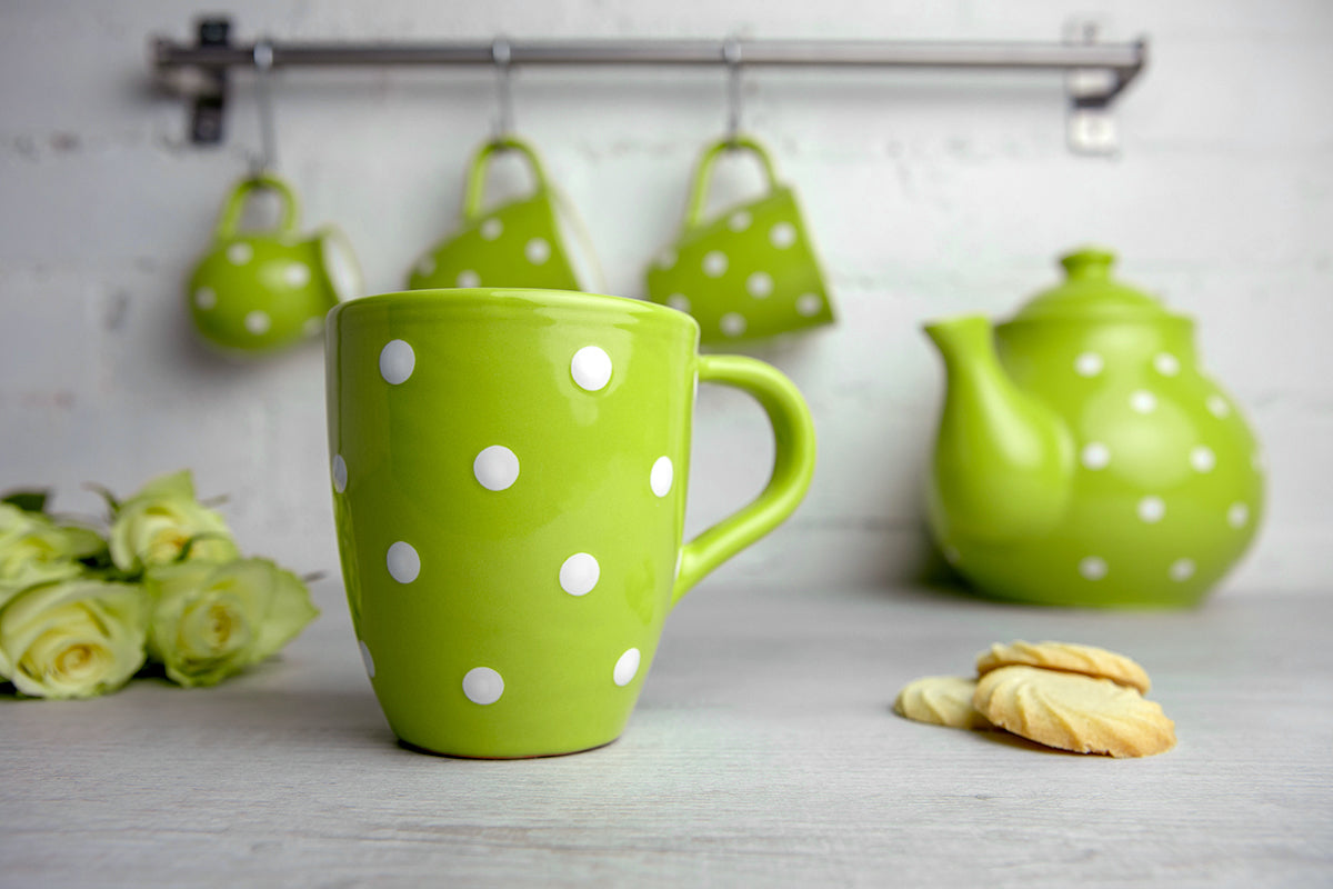 Lime Green and White Polka Dot Spotty Designer Handmade Hand Painted Unique Ceramic 10oz-300ml Coffee Tea Mug with Large Handle
