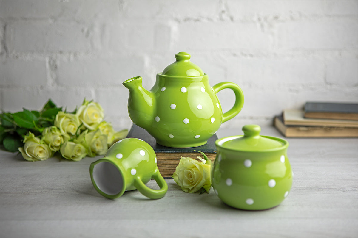 Lime Green and White Polka Dot Pottery Handmade Hand Painted Ceramic Teapot Milk Jug Sugar Bowl Set
