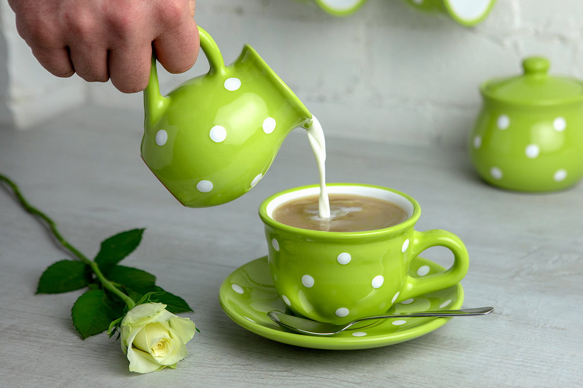 Lime Green and White Polka Dot Pottery Handmade Hand Painted Ceramic Teapot Milk Jug Sugar Bowl Set