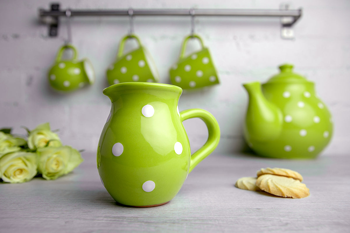 Lime Green and White Polka Dot Pottery Handmade Hand Painted Ceramic Teapot Milk Jug Sugar Bowl Set