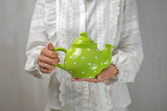 Lime Green and White Polka Dot Pottery Handmade Hand Painted Ceramic 2-3 Cup Teapot 26 oz / 750ml