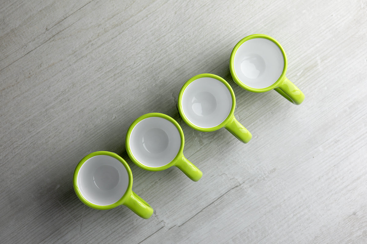 Lime Green and White Polka Dot Spotty Designer Handmade Hand Painted Unique Ceramic 2oz-60ml Espresso Coffee Cup Set of 4
