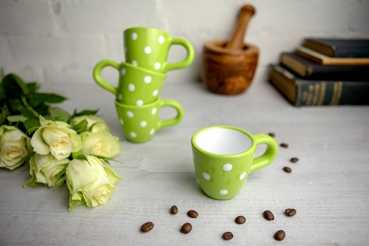Lime Green and White Polka Dot Spotty Designer Handmade Hand Painted Unique Ceramic 2oz-60ml Espresso Coffee Cup Set of 4