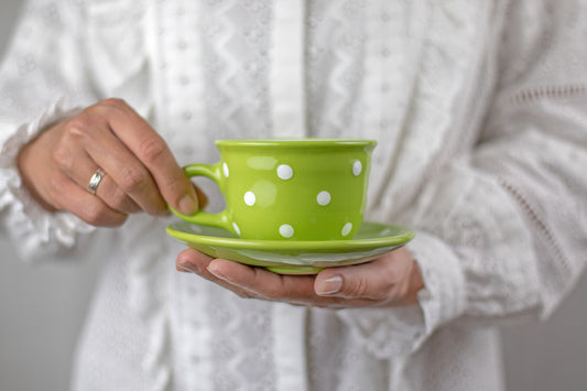 Lime Green and White Polka Dot Spotty Designer Handmade Hand Painted Ceramic 9oz-250ml Cappuccino Coffee Tea Cup with Saucer