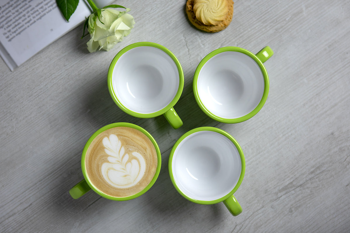 Lime Green and White Polka Dot Spotty Designer Handmade Hand Painted Ceramic 9oz-250ml Cappuccino Coffee Tea Cup with Saucer
