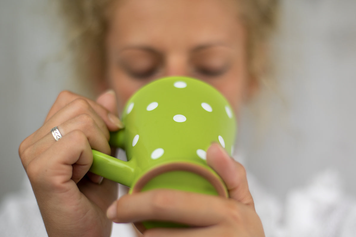Lime Green and White Polka Dot Spotty Handmade Hand Painted Ceramic Coffee Tea Latte Mug with Large Handle 8 oz - 220 ml