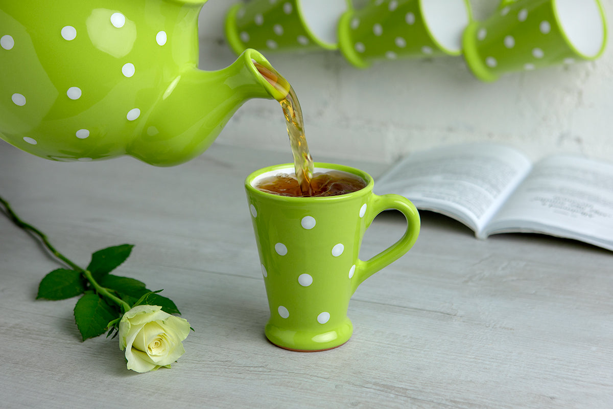 Lime Green and White Polka Dot Spotty Handmade Hand Painted Ceramic Coffee Tea Latte Mug with Large Handle 8 oz - 220 ml