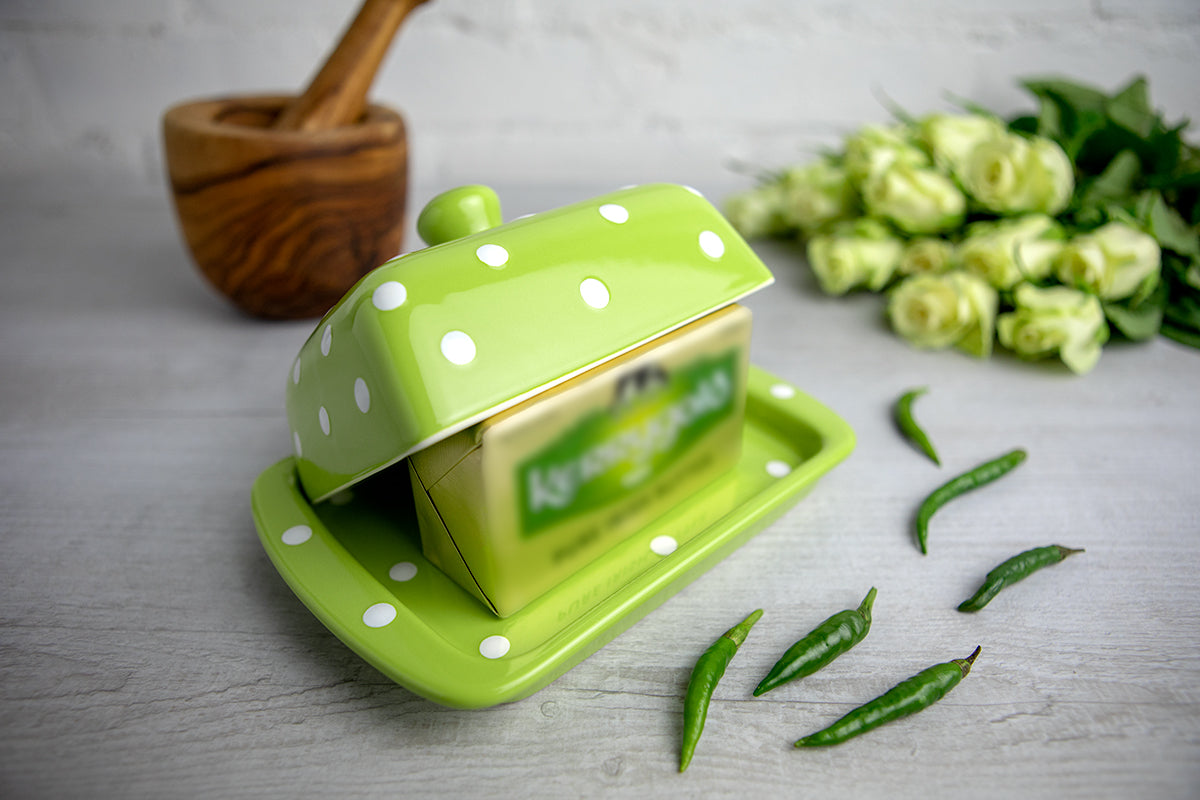 Lime Green and White Polka Dot Spotty Handmade Hand Painted Ceramic Butter Dish With Lid