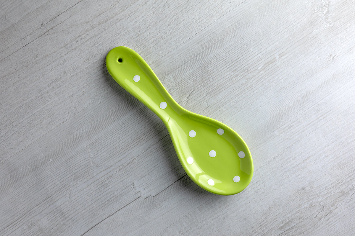 Lime Green And White Polka Dot Spotty Handmade Hand Painted Ceramic Kitchen Cooking Spoon Rest
