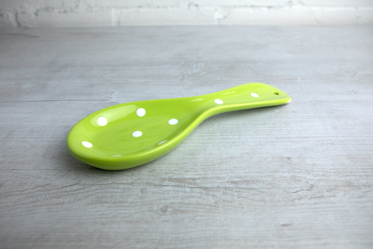 Lime Green And White Polka Dot Spotty Handmade Hand Painted Ceramic Kitchen Cooking Spoon Rest