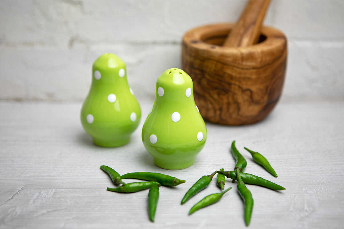 Lime Green and White Polka Dot Spotty Handmade Hand Painted Ceramic Kitchen Serving Storage Set of 10