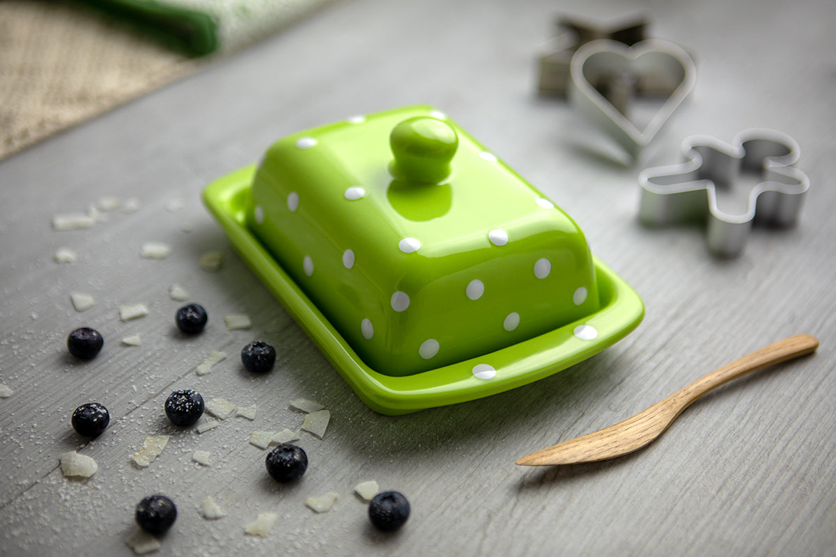 Lime Green and White Polka Dot Spotty Handmade Hand Painted Ceramic Kitchen Serving Storage Set of 10