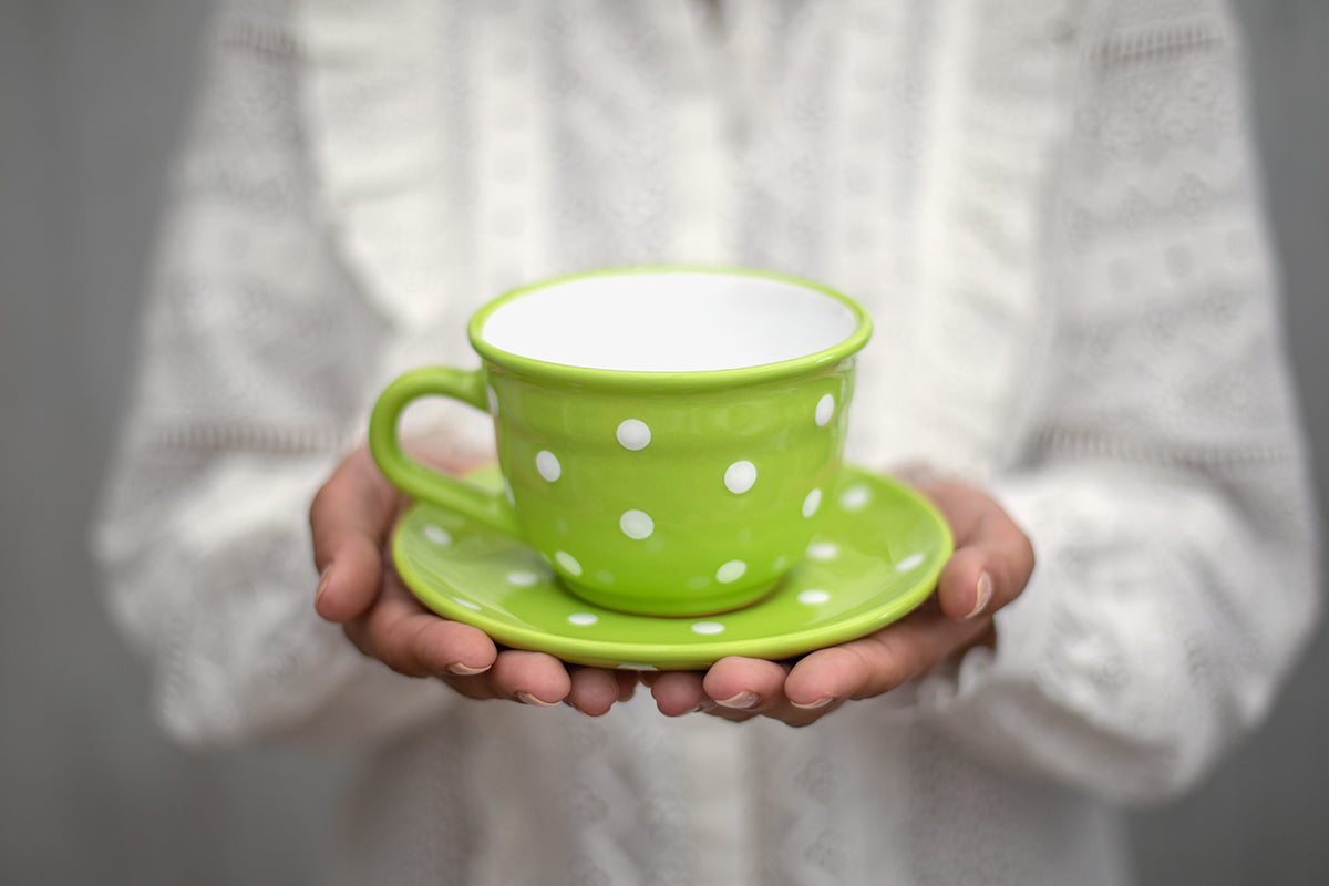 Lime Green and White Polka Dot Spotty Handmade Hand Painted Large Unique Ceramic 12oz-350ml Cappuccino Coffee Tea Cup with Saucer